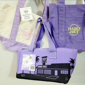 Set of 3 NWT Limited Trader Joe's Mini Canvas Insulated Tote Bag  All Purple